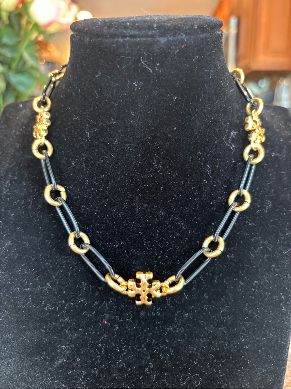 Tory Burch Gold and Black Chain Necklace with Logo Medallion